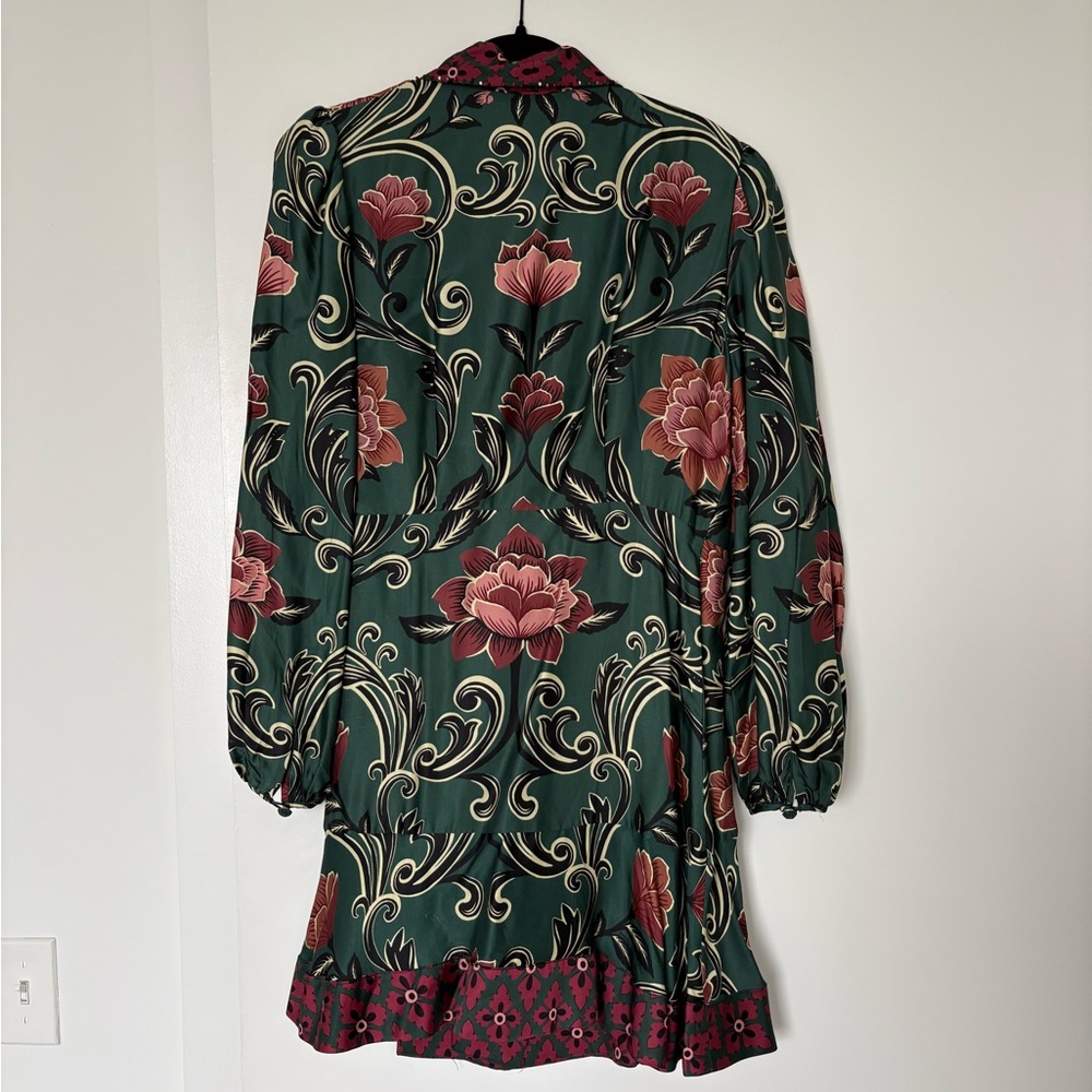 Farm Rio Arabesque Wrap Dress Green with Burgundy Trim Size Medium - Picture 4 of 13